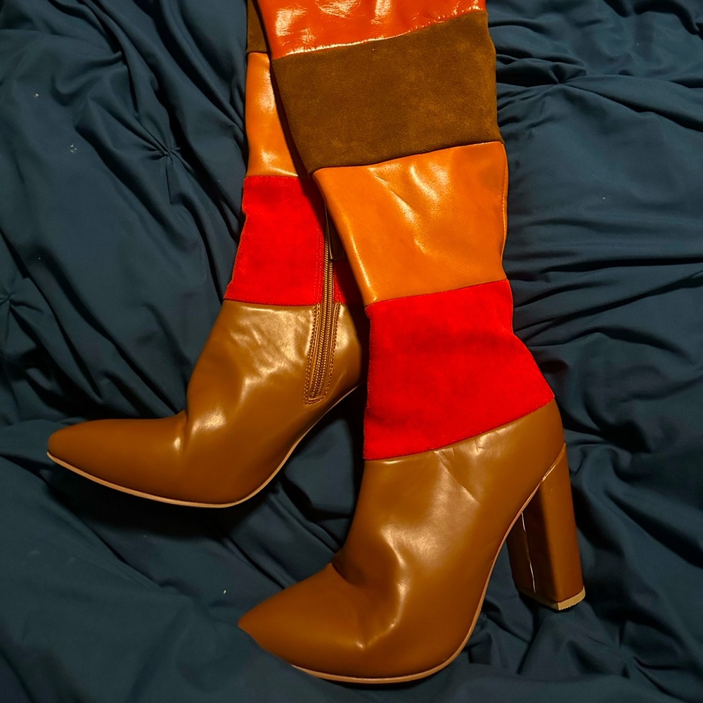 Women’s Orange Color Block Heeled Boots